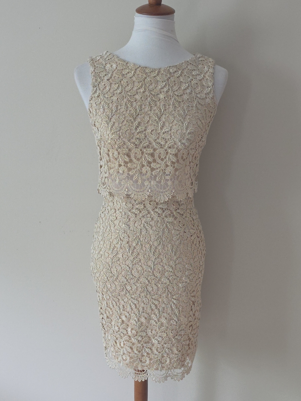 Cache Lace Overlay Sheath Dress in Tan & Gold